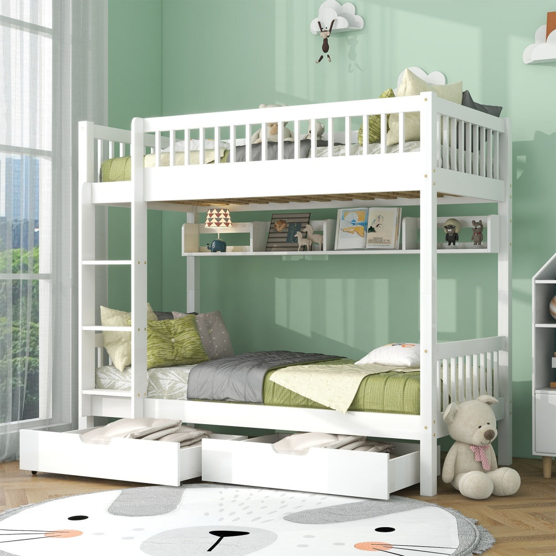 White solid pine bunk bed for kids with slide drawer storage and shelf, 3ft single bed frame, HOMCOM brand, 90x190cm size.