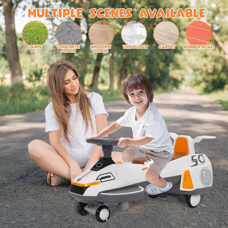HOMCOM electric ride-on wiggle car for kids with 2-in-1 360 steering, lights, music, and twist-swing feature for toddlers.