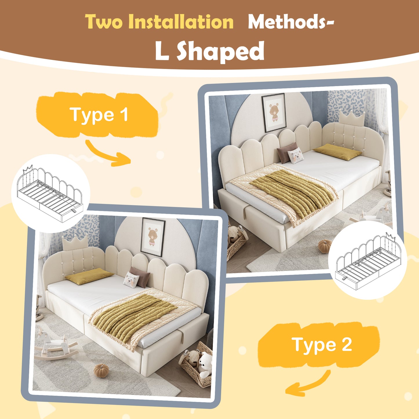 Beige velvet HOMCOM upholstered daybed with hydraulic storage, crown-shaped design, 3ft single sofa bed, no mattress included.