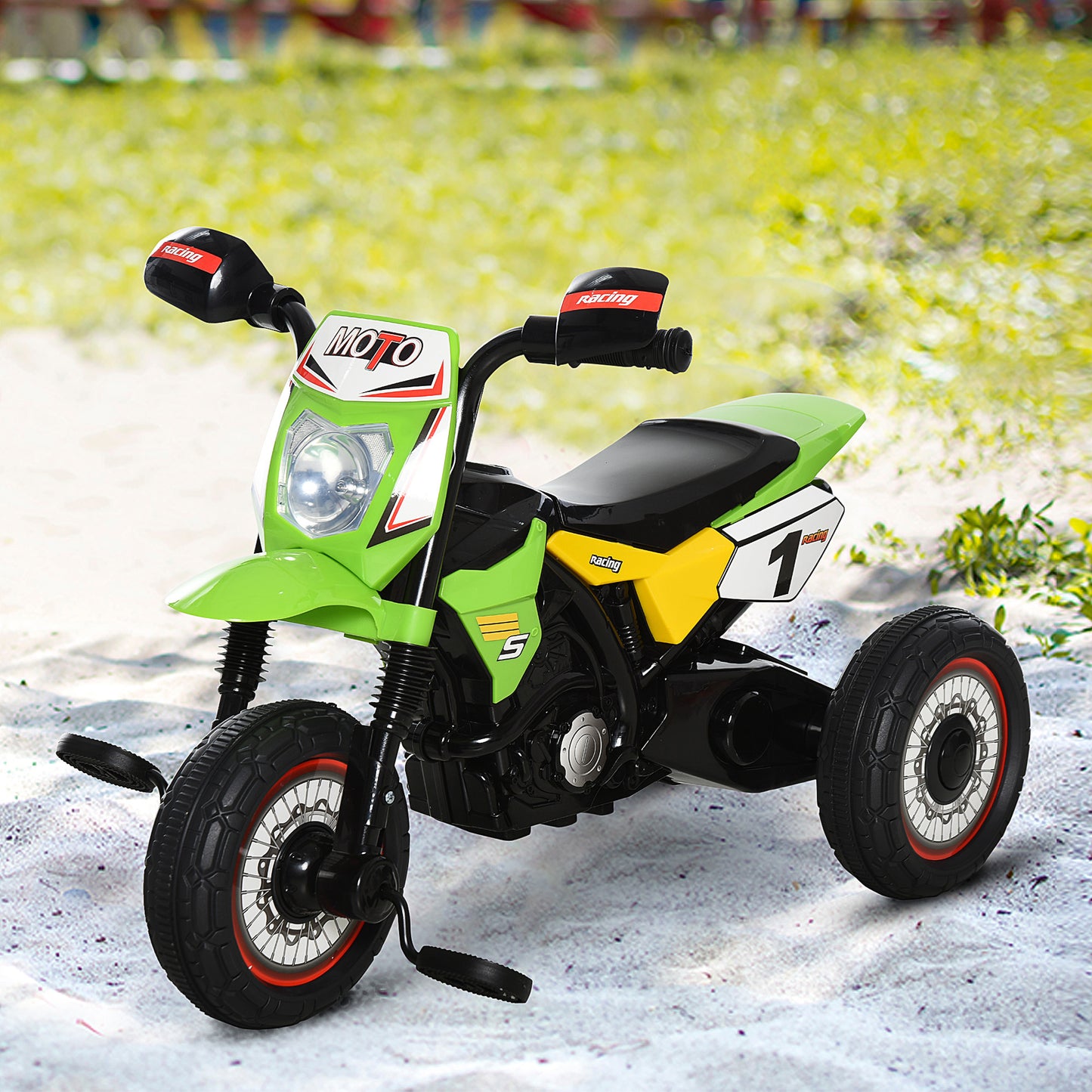Green HOMCOM kids trike with music and lights, toddler pedal motorcycle, ride-on tricycle for 18-36 months, with handlebar stickers.