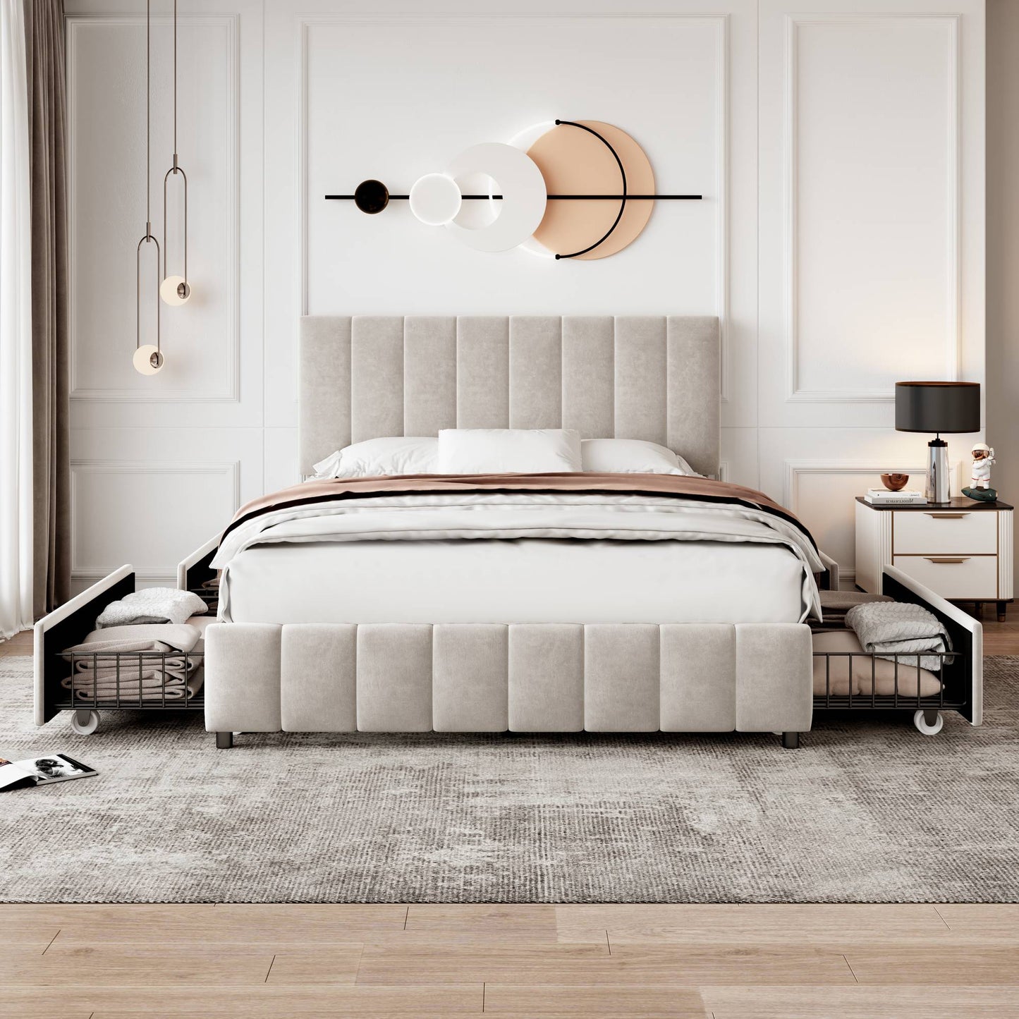 HOMCOM beige double upholstered platform bed with adjustable tufted headboard, four storage drawers, metal-wood support, no box spring