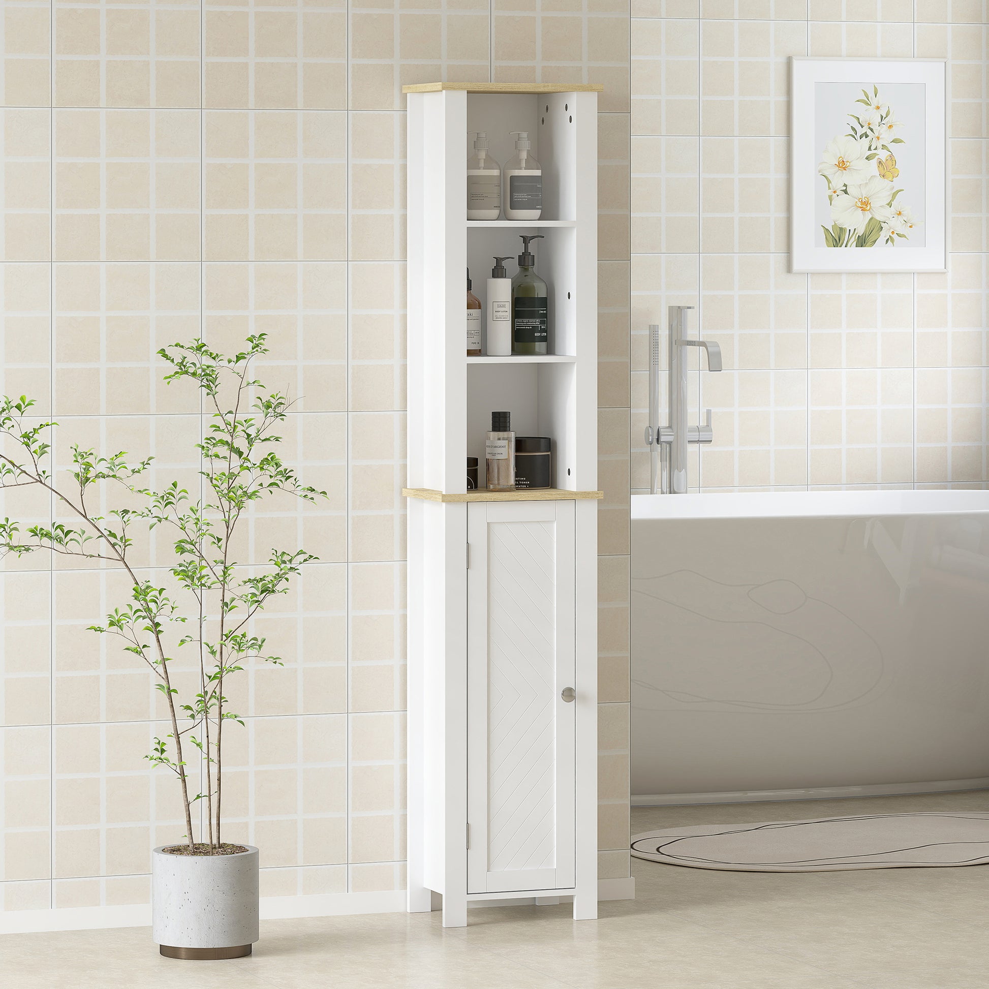 HOMCOM Kleankin slim white bathroom storage cabinet with open compartments and adjustable shelves, 34x23x165 cm.