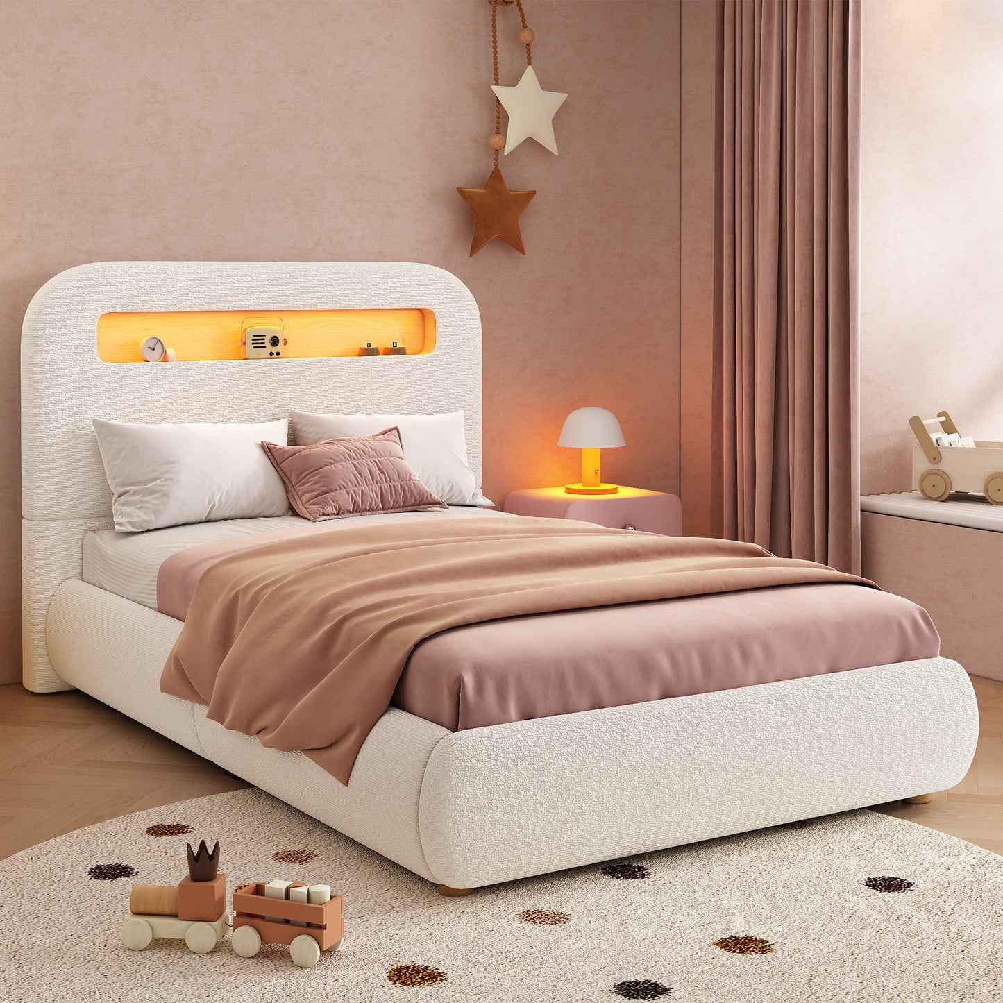 White upholstered single child's bed with headboard, LED lighting, large storage, solid wood legs, and boucle fabric.