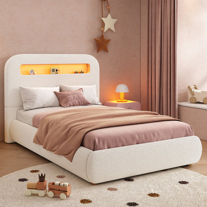 White upholstered single child's bed with headboard, LED lighting, large storage, solid wood legs, and boucle fabric.