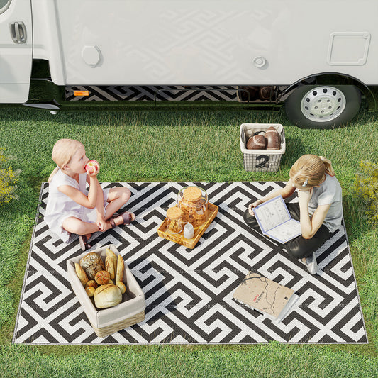 Outdoor Rug Reversible Mat Plastic Straw Rug Portable RV Camping Mat For Garden Deck Picnic Indoor, 121 X 182 Cm (4 X 6 Ft), Black & White