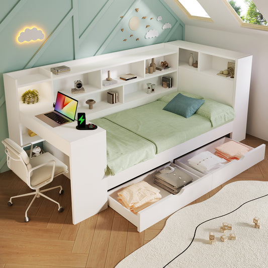 White HOMCOM single daybed with integrated bookcase, computer desk, storage drawers, and USB port, wooden frame, 90x190 cm.