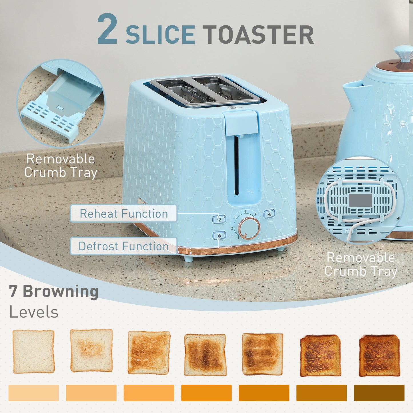 HOMCOM light blue 1.7L 3000W fast boil kettle and 2-slice toaster set with auto shut off and browning controls.