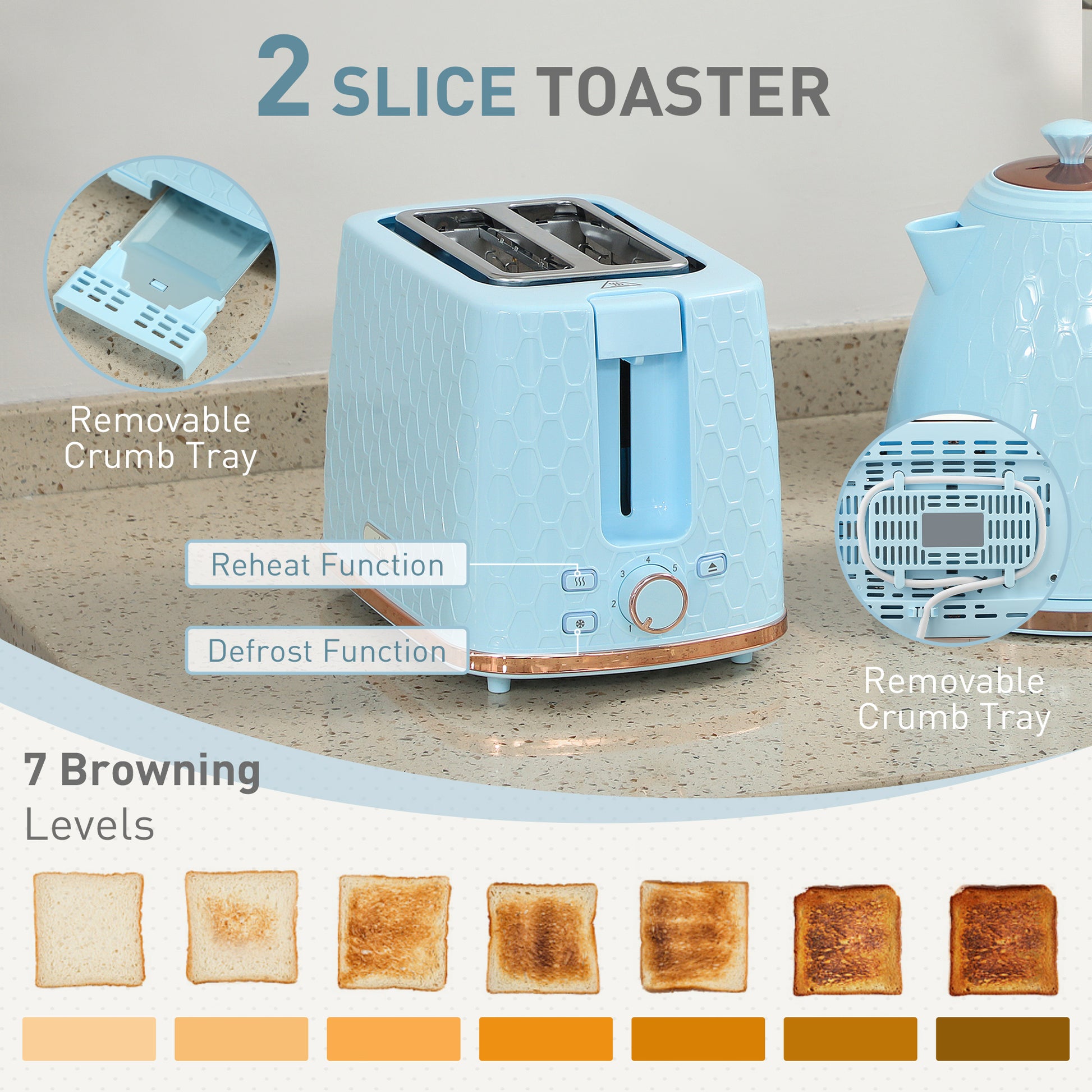 HOMCOM light blue 1.7L 3000W fast boil kettle and 2-slice toaster set with auto shut off and browning controls.