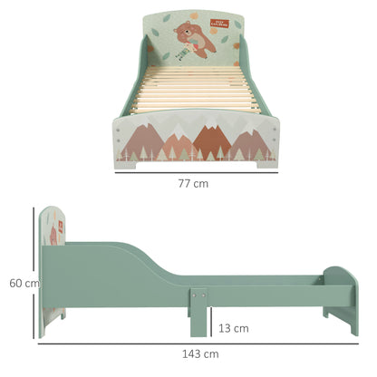 Green HOMCOM ZONEKIZ toddler bed frame with safety rails, designed for kids aged 3-6 years, in a child-friendly bedroom setting.