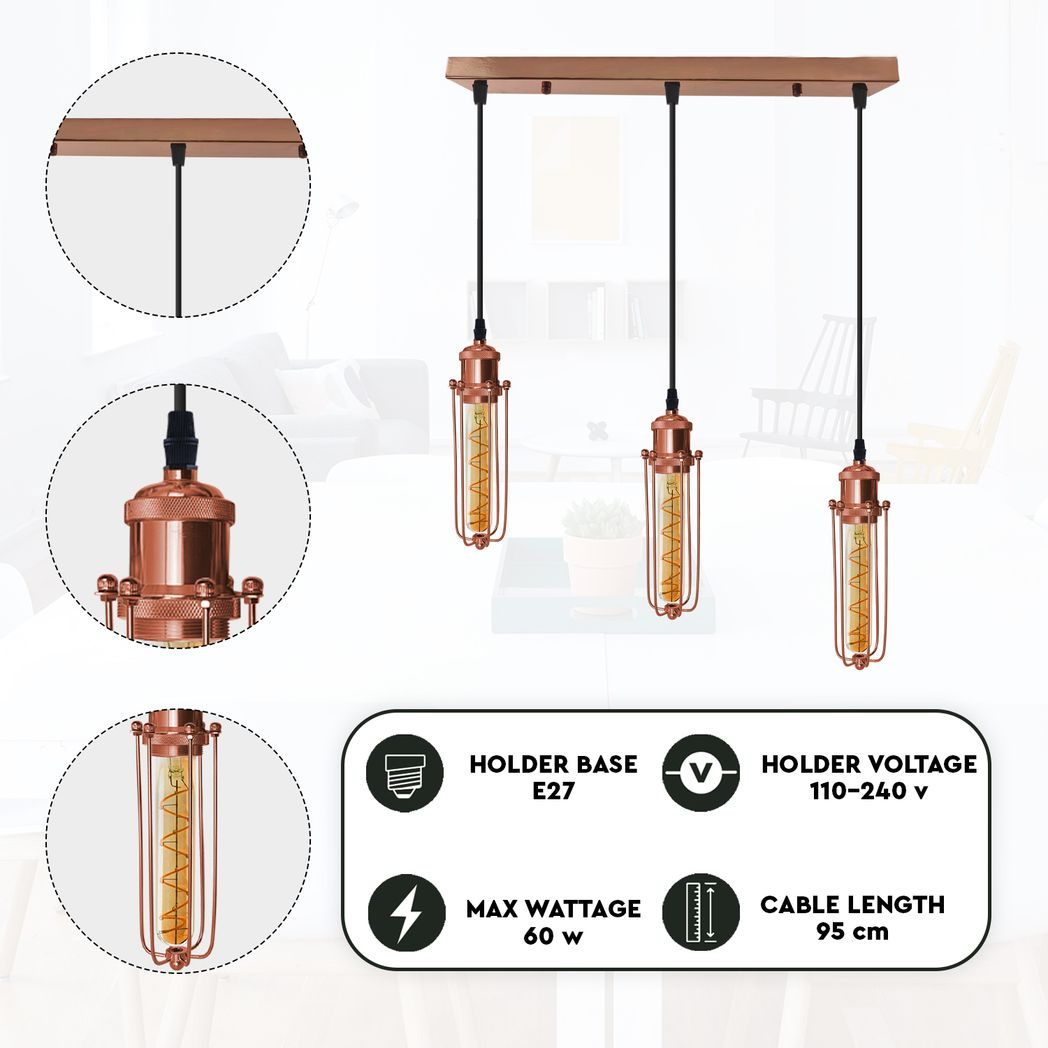 LEDSONE 3-head rectangle rose gold industrial pendant light with wire cage, vintage hanging ceiling lamp fixture with E27 bulbs