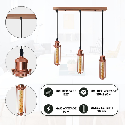 LEDSONE 3-head rectangle rose gold industrial pendant light with wire cage, vintage hanging ceiling lamp fixture with E27 bulbs