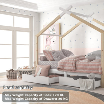 Kids Single Bed Frame with Storage – Solid Pine Wood House Canopy Design