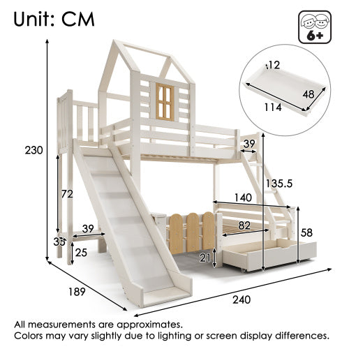 Kids Wooden Cabin Bunk Bed with Ladder & Slide – White Treehouse Design
