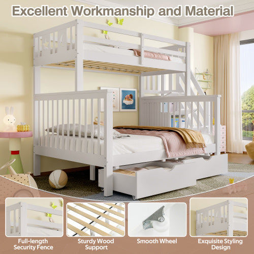 Kids Bunk Bed with Storage Stairs & Guardrail – White High Sleeper Frame