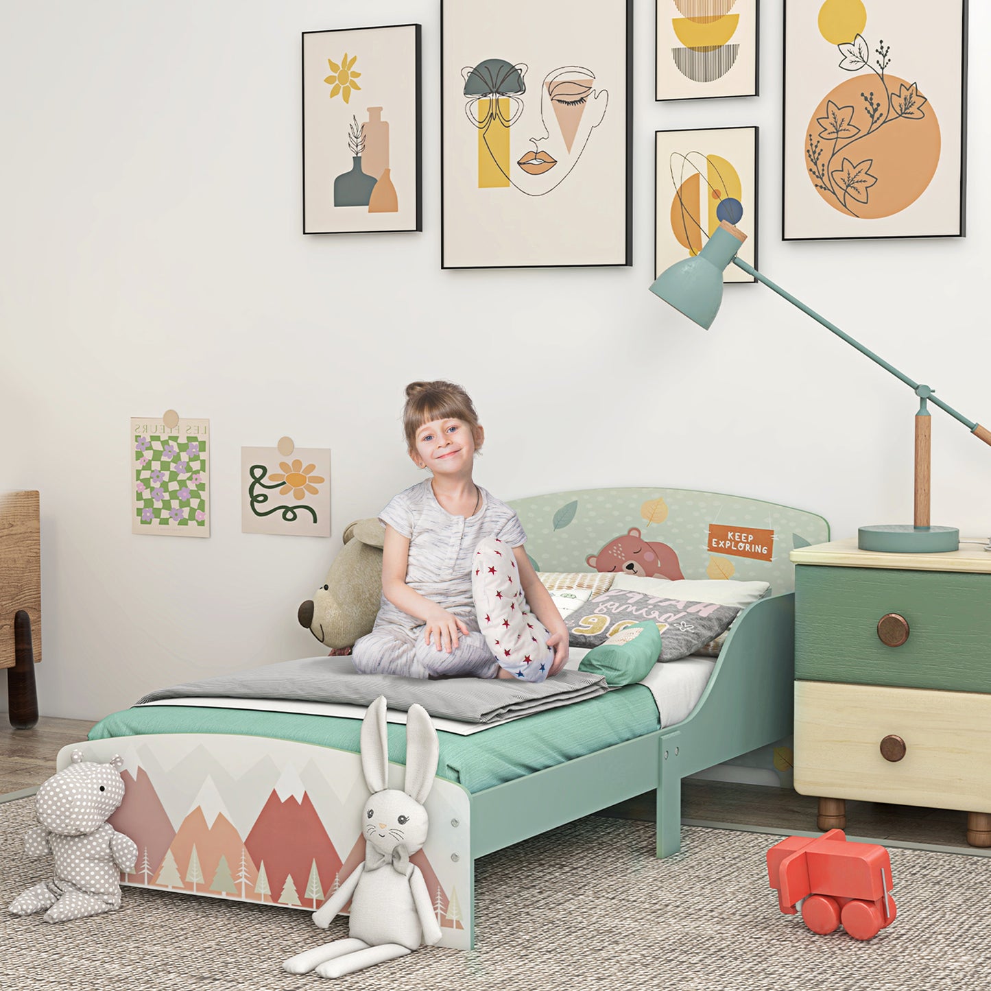 HOMCOM ZONEKIZ toddler bed frame in green with a sturdy wooden design, suitable for kids aged 3-6 years, in a child's bedroom setting.