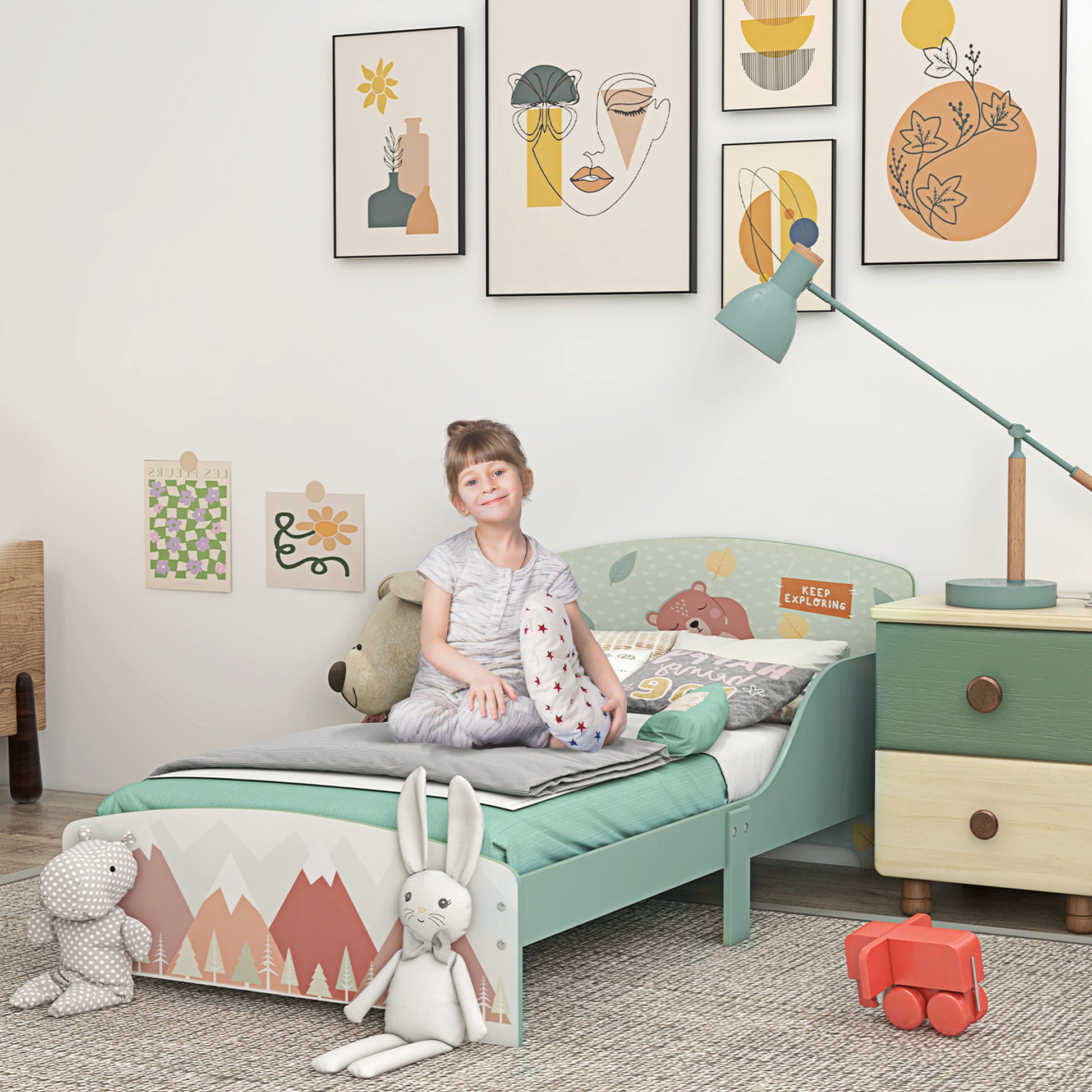 HOMCOM ZONEKIZ toddler bed frame in green with a sturdy wooden design, suitable for kids aged 3-6 years, in a child's bedroom setting.