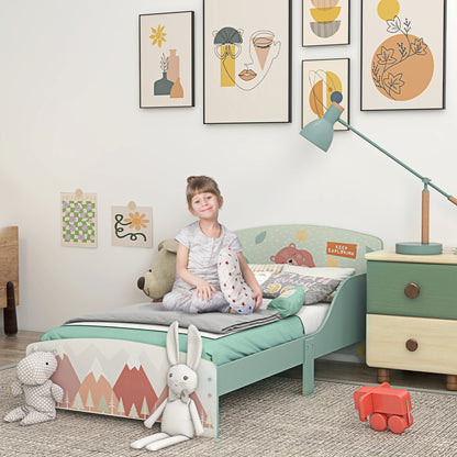 HOMCOM ZONEKIZ toddler bed frame in green with a sturdy wooden design, suitable for kids aged 3-6 years, in a child's bedroom setting.