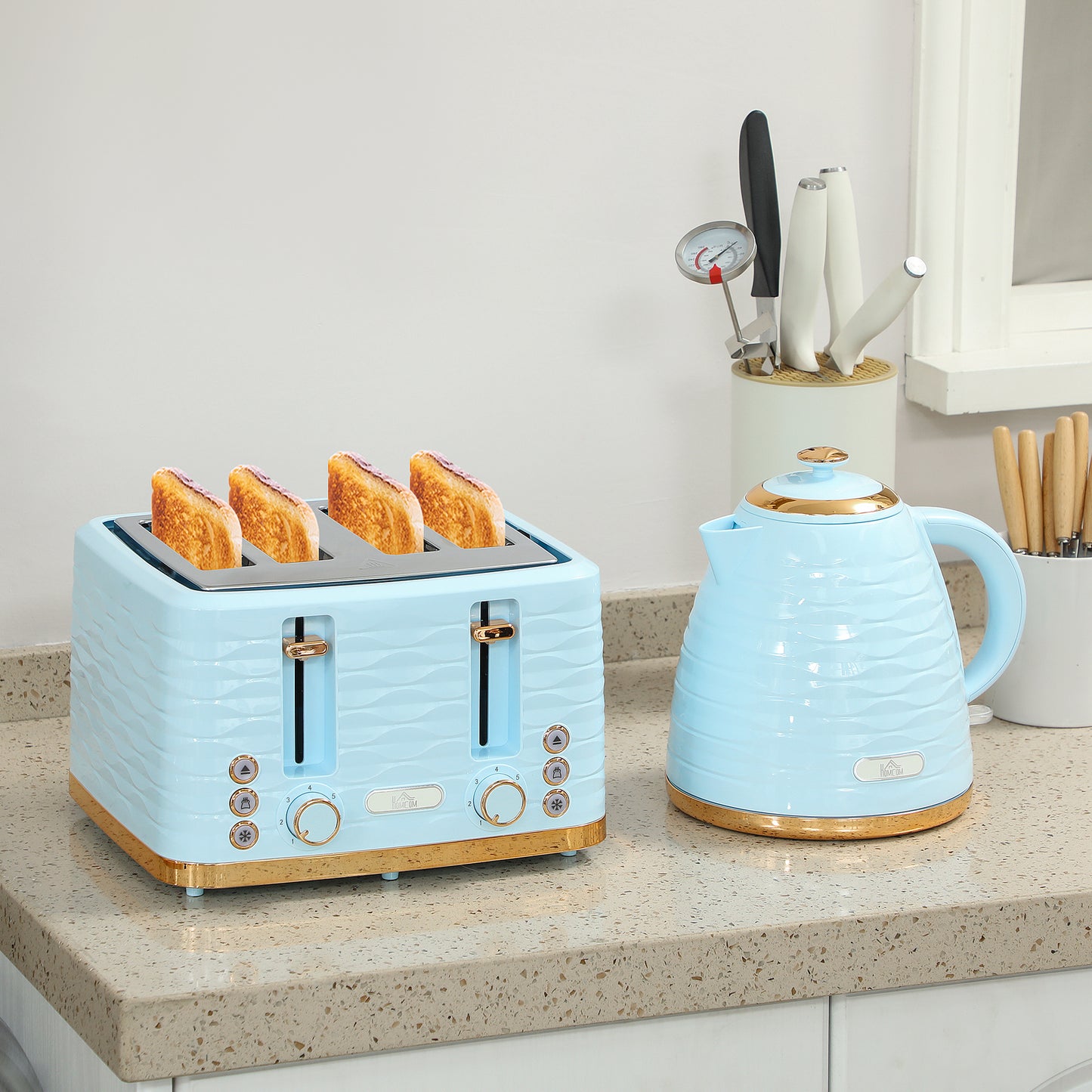 HOMCOM light blue 3000W 1.7L kettle and 4-slice toaster set with 7 browning controls and crumb tray, shown on kitchen countertop.