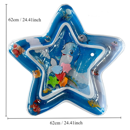 Baby inflatable water play mat with ocean-themed design, featuring colorful floating toys for crawling and water fun.