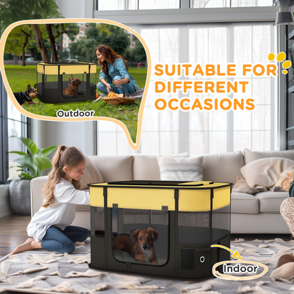 Yellow portable dog pen by PawHut with mesh sides and zipper door, suitable for puppies, kittens, rabbits, and guinea pigs.