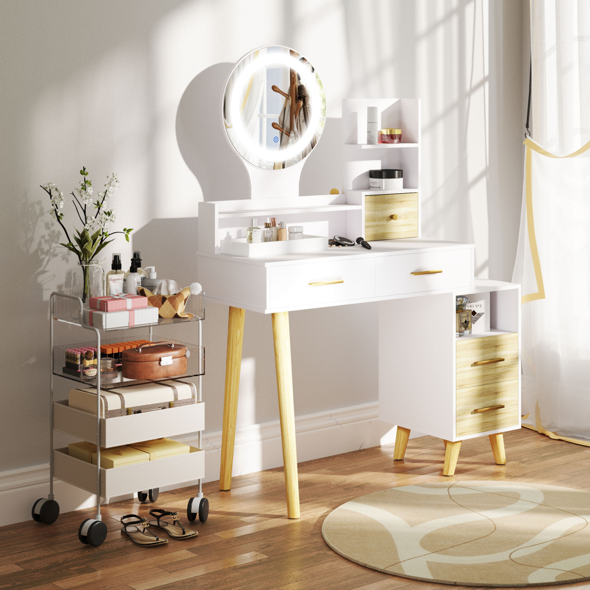 Dressing Table with Mirror, Vanity Table with LED Lights, White