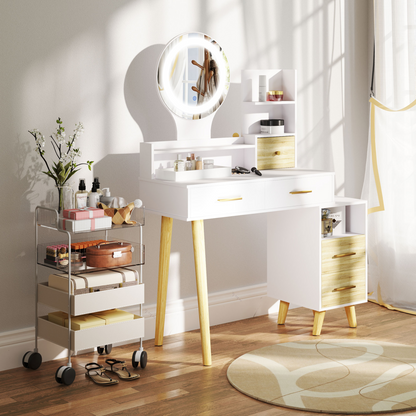 Dressing Table with Mirror, Vanity Table with LED Lights, White