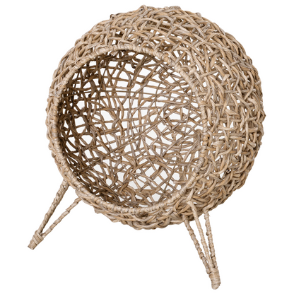 Ball-shaped rattan cat house with natural wood finish, raised cat bed for cozy feline comfort and stylish home decor.