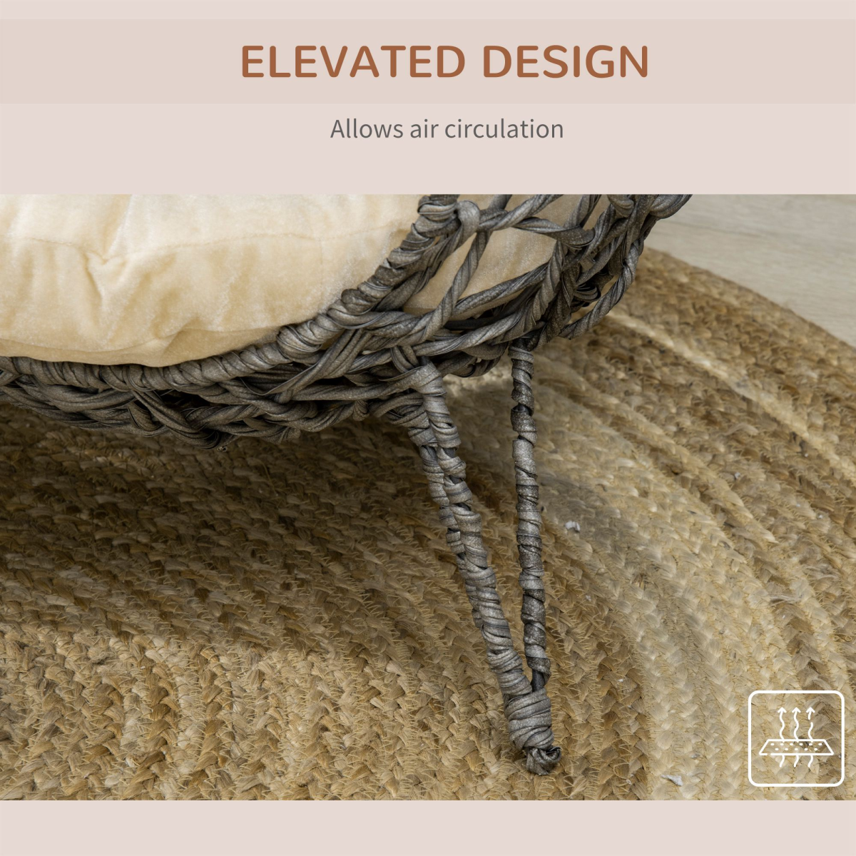Rattan elevated cat house with grey cushion and silver-tone finish, pawHut pet bed for kittens and small cats.