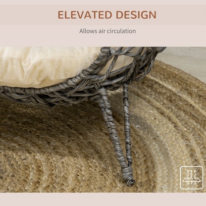 Rattan elevated cat house with grey cushion and silver-tone finish, pawHut pet bed for kittens and small cats.