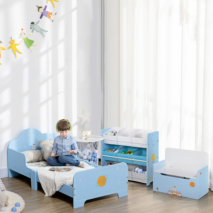 ZoneKiz toddler bed with space-themed patterns, suitable for boys and girls aged 3-6 years, featuring colorful celestial designs.