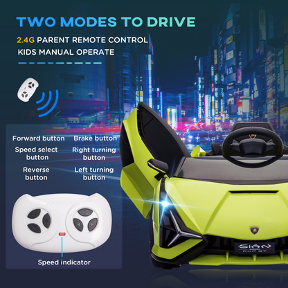Kids riding a Lamborghini SIAN 12V electric ride-on car with remote control, featuring sleek design and sporty details.