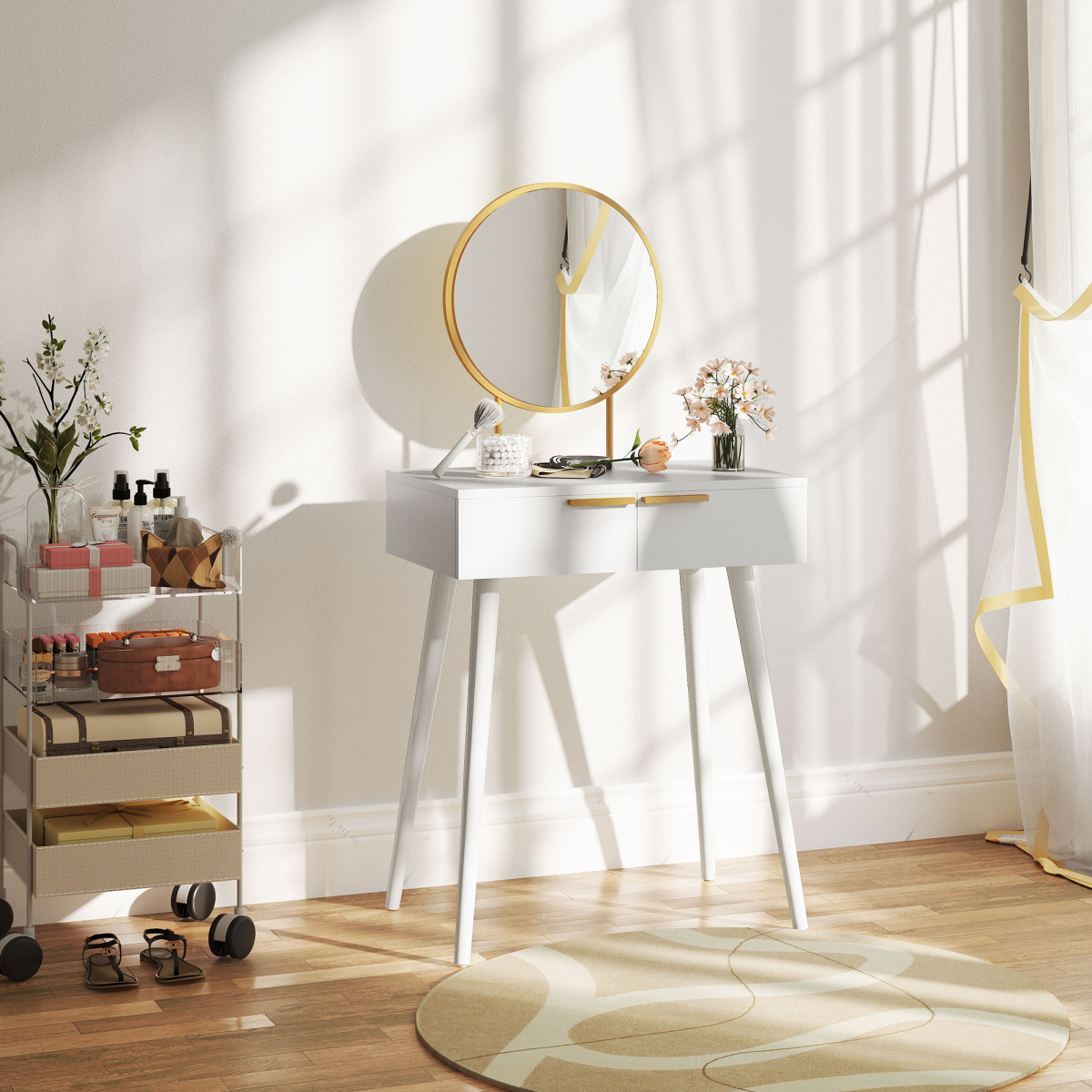 Modern Dressing Table w/ 2 Drawers Round Mirror for Bedroom White