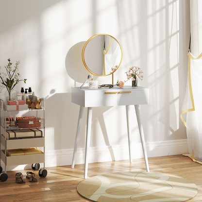 Modern Dressing Table w/ 2 Drawers Round Mirror for Bedroom White