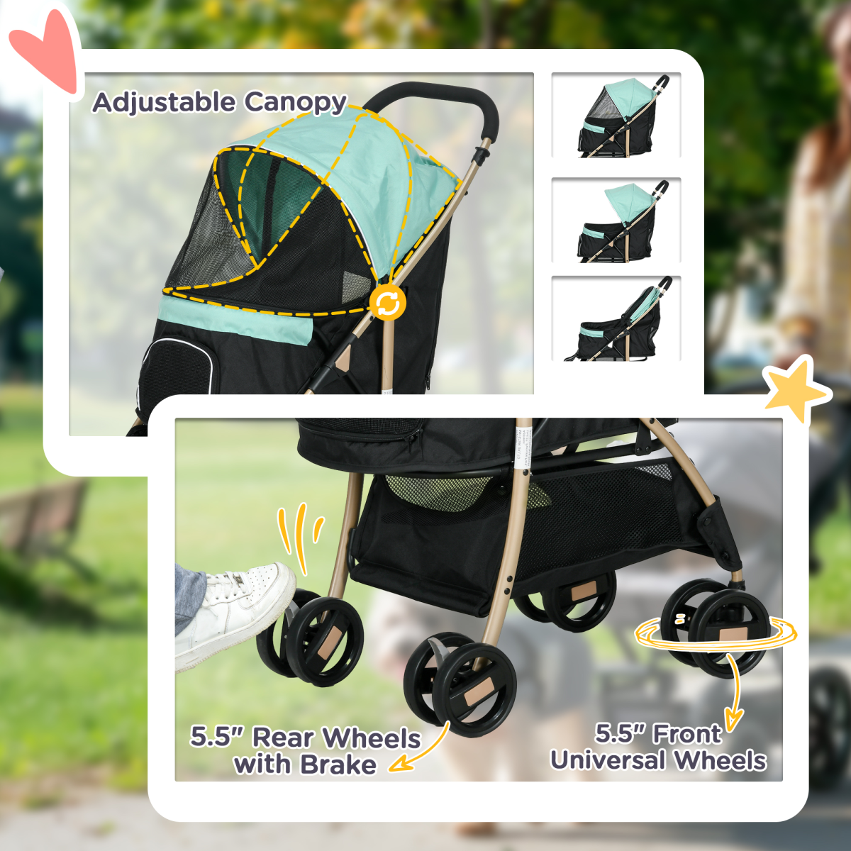 Green PawHut pet stroller for small dogs with rain cover, featuring a compact design and mesh windows for visibility and ventilation.