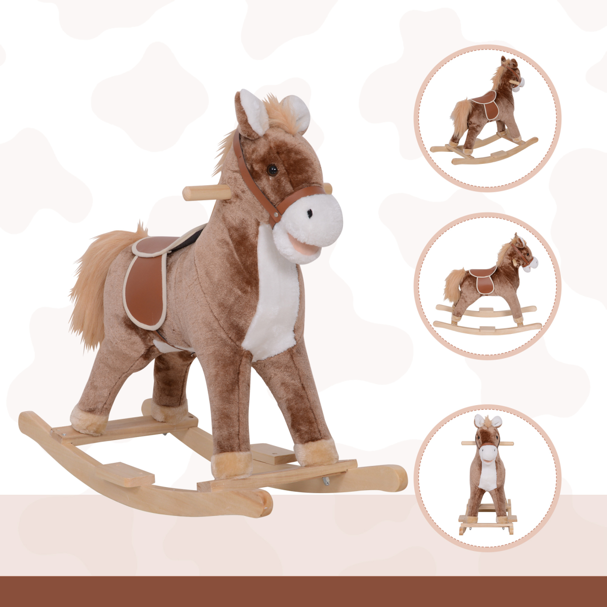 HOMCOM kids wooden rocking horse toy with plush seat for children age 3, featuring a sturdy ride-on design for toddlers.