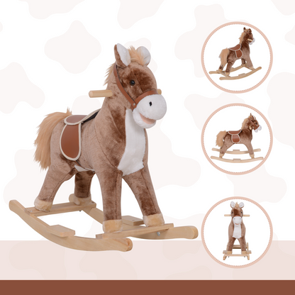 HOMCOM kids wooden rocking horse toy with plush seat for children age 3, featuring a sturdy ride-on design for toddlers.