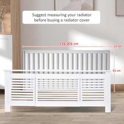White extendable MDF radiator cover by HOMCOM, showing a sleek, adjustable cover designed to fit over a radiator.
