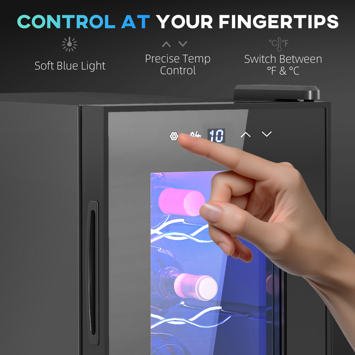 HOMCOM mini beer and wine fridge with glass door, 6-bottle capacity, touch screen control, compact design for beverages storage
