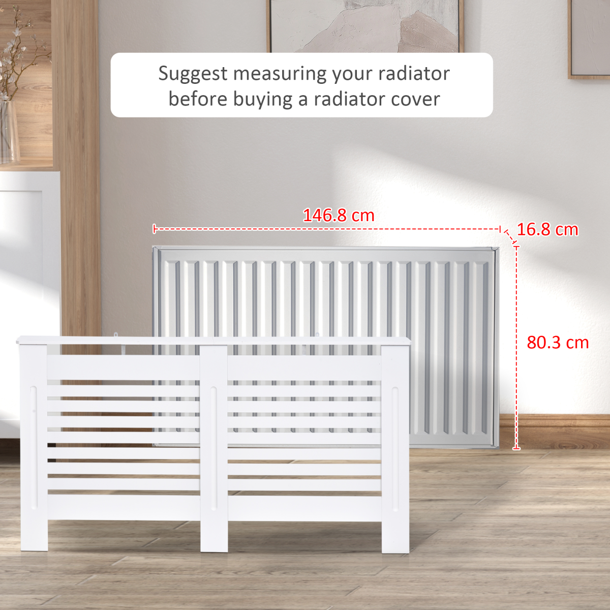 White MDF radiator cover with slatted design, 152cm HOMCOM radiator cabinet for protecting and decorating heating units.