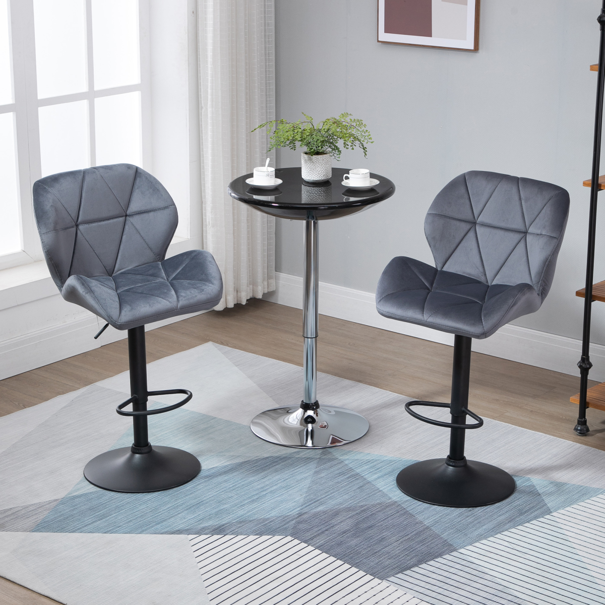 Pair of HOMCOM dark grey fabric bar stools with adjustable height and modern design, set of 2 for kitchen or bar area.
