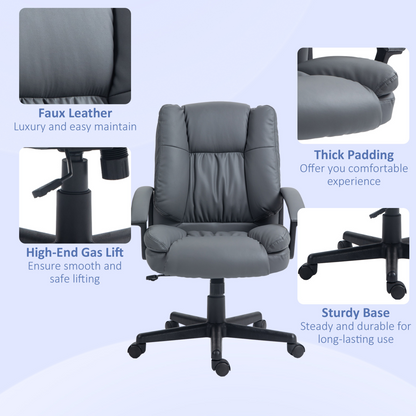 Dark grey HOMCOM faux leather home office chair with mid back, armrests, and ergonomic design for comfortable desk seating.