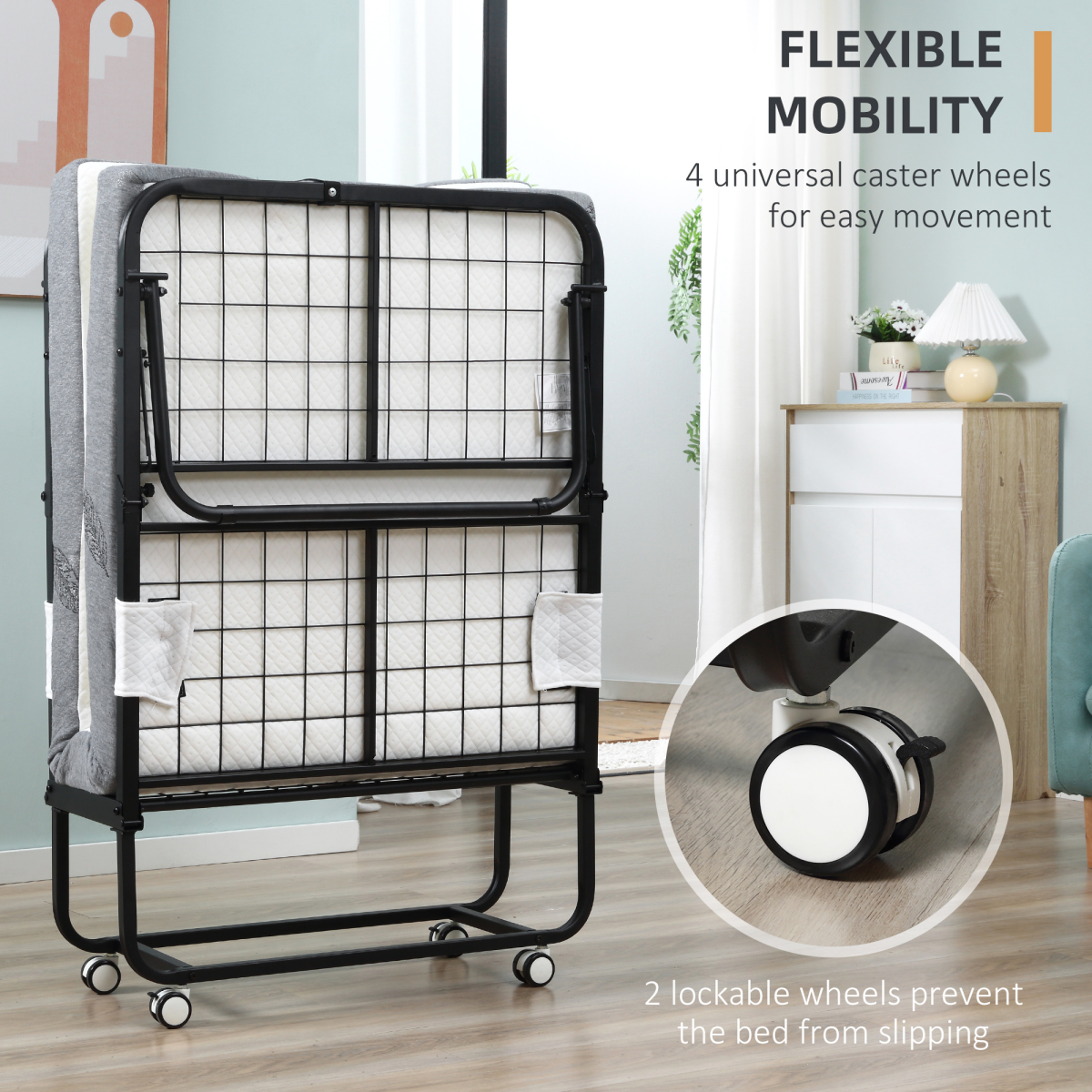 HOMCOM folding guest bed with 10cm mattress, metal frame in a folded and unfolded position for portable sleeping comfort