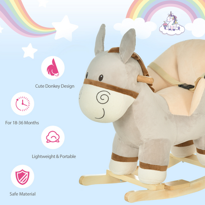 Kids ride-on rocking donkey with plush body, sound features, handlebars, seat belt, ideal for children’s play and comfort.