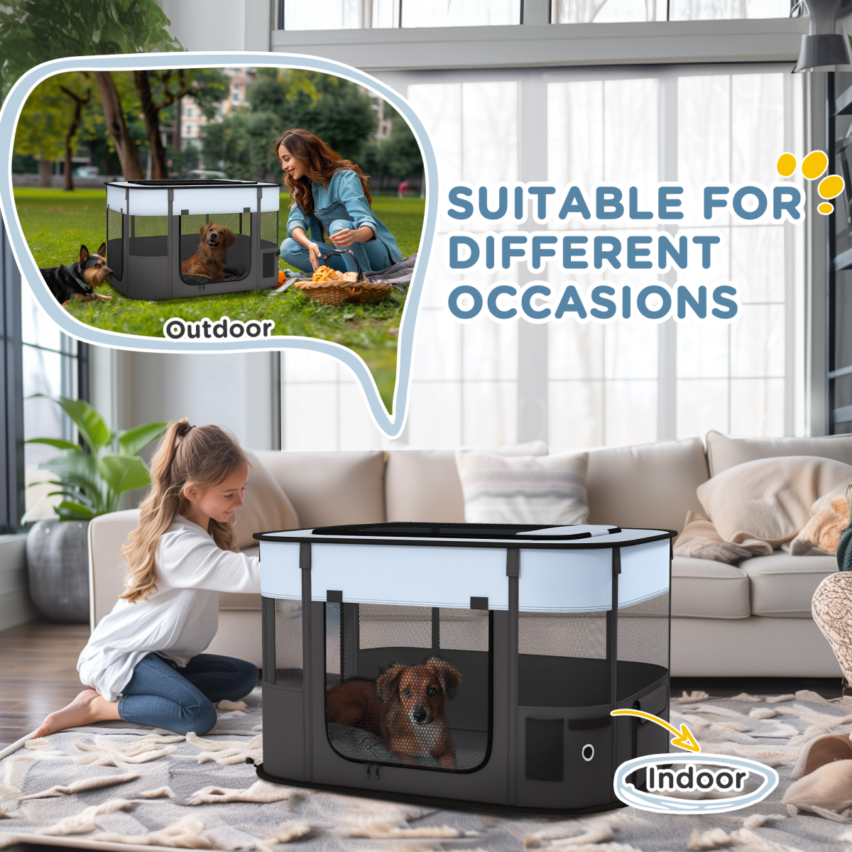 Grey portable dog pen by PawHut designed for puppies, rabbits, kittens, and guinea pigs, featuring a secure wire enclosure.