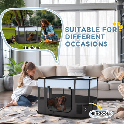 Grey portable dog pen by PawHut designed for puppies, rabbits, kittens, and guinea pigs, featuring a secure wire enclosure.