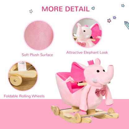 Pink HOMCOM 2-in-1 baby rocking horse and ride-on elephant with wheels and music, suitable for young children.