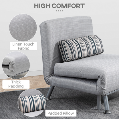 Grey single sofa bed folding chair with steel frame, padded seat, and pillow for versatile seating and sleeping comfort.