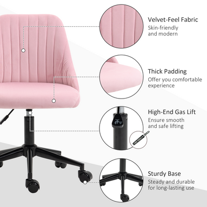 Velvet Office Chair with Adjustable Height and Wheels, Pink