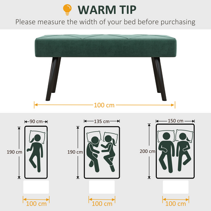 Green upholstered end of bed bench with steel legs, ideal for hallway or bedroom seating by HOMCOM.