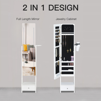 Freestanding jewelry storage mirror armoire with LED lights, hooks, and drawers for organizing necklaces, rings, and accessories.